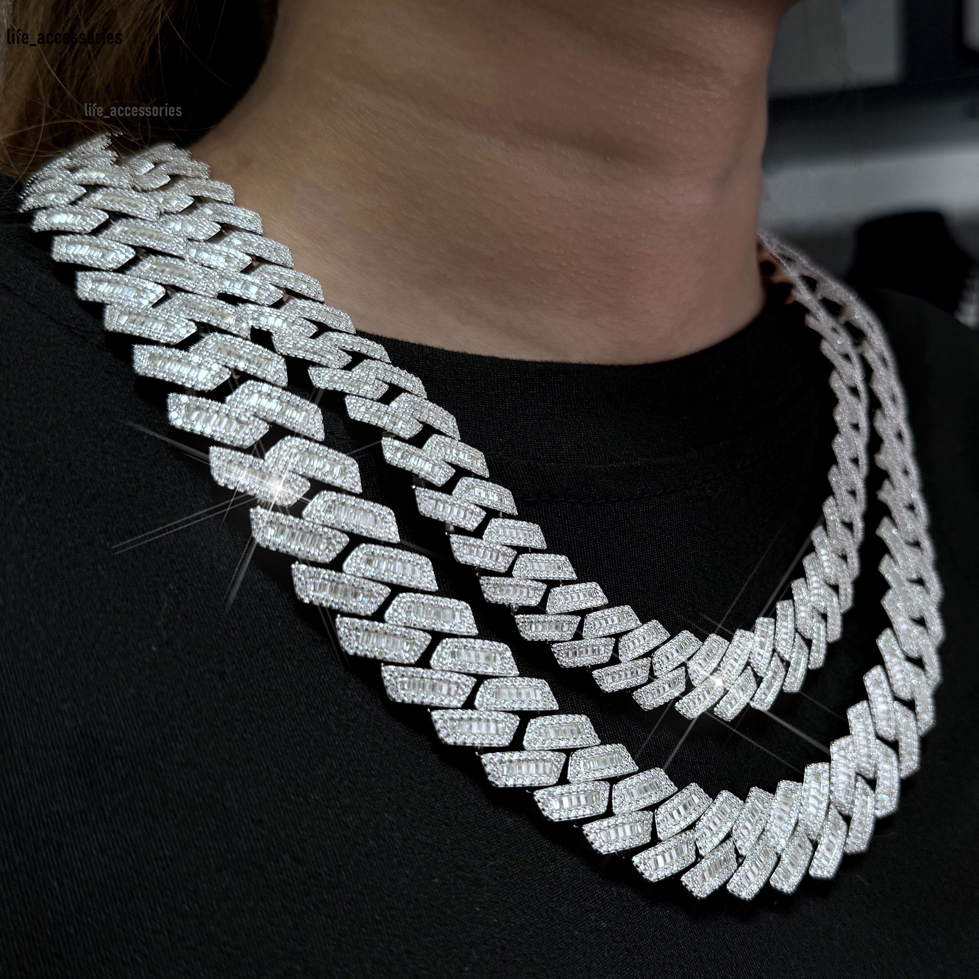 Hiphop Mossanite Cuban Chain 18mm 925 Sterling Silver Baguette Cut Prong Setting Moissanite Cuban Link Chain