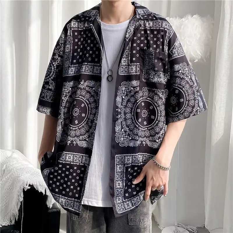 Mens retro floral shirt loose Hawaiian style beach short sleeved shirt X250410