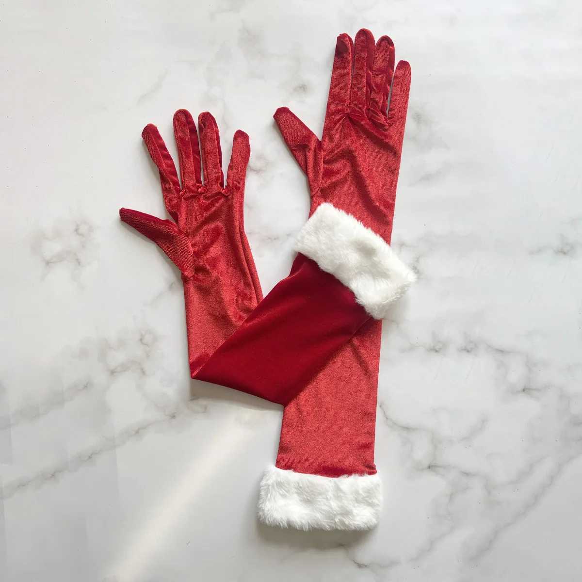 A Pair OfRed Long Velvet Gloves White Furry Cuff Elegant Party Gloves For Women Christmas Cosplay Evening Dress Accessories L251110