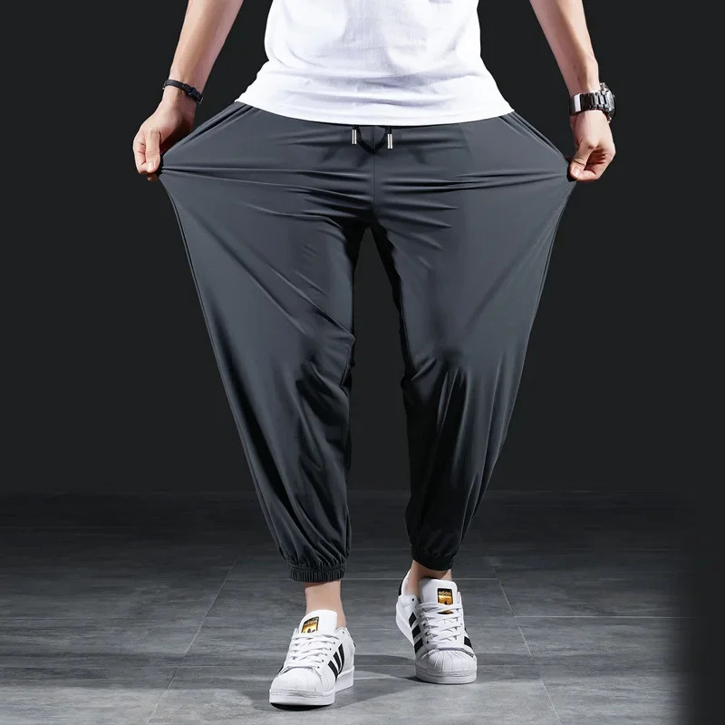 Mens Summer Thin Cropped Pants Ice Silk Elastic Quick Dry Casual Draped Tailored Sweatpants Pants For Men 250408