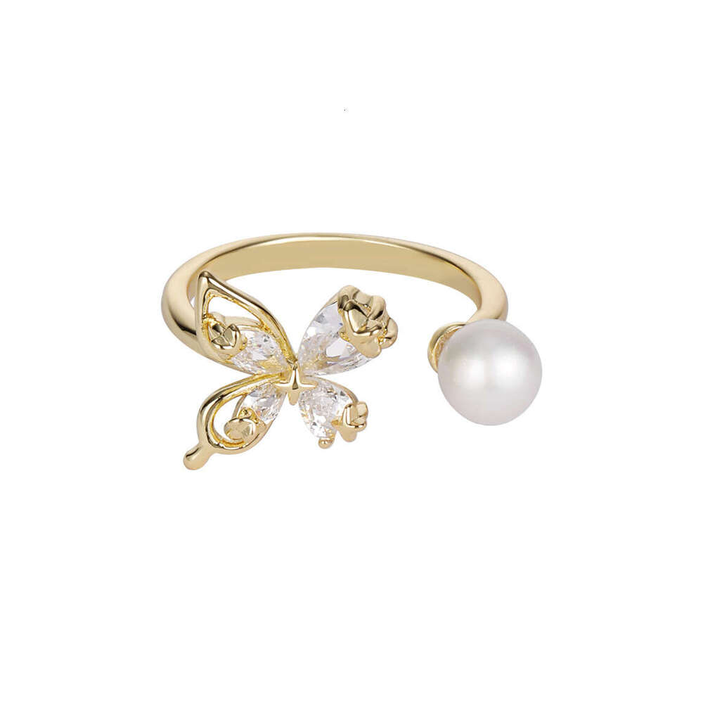 DHcollections French Style Exquisite Elegant Pearl Butterfly Open for Women, Light Luxury Fashion High-end Versatile Index Finger Ring Jewelry