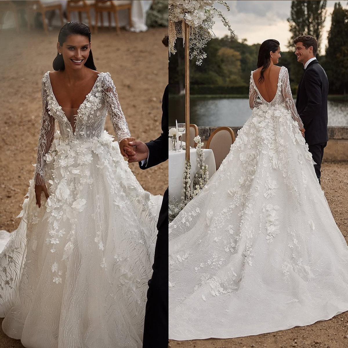 Luxury 3D Flower Lace Wedding Dresses A Line Sequined Long Sleeves Bridal Gowns Princess Style Cathedral Train Custom Made Garden Castle Dresses