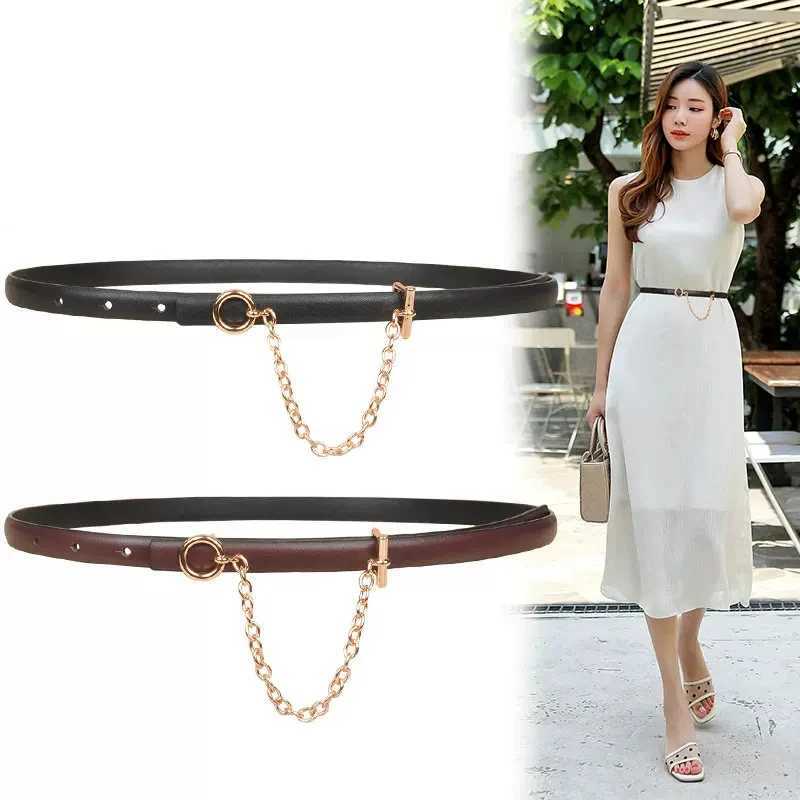 Fashionable silk strap round buckle metal chain genuine leather waist strap black decoration suitable for jeans skin adjustment X250410