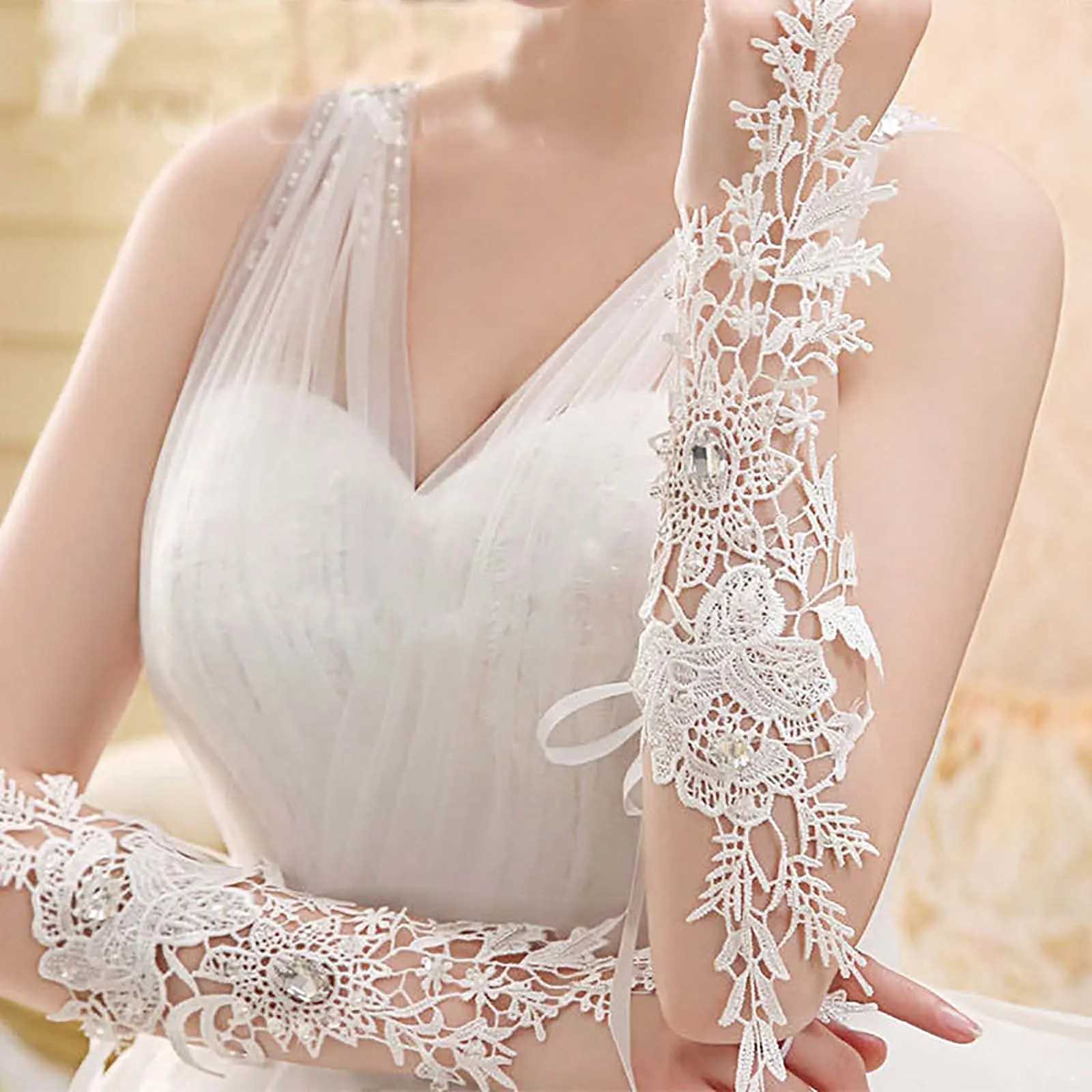 Lace Crystal Womens Wedding Gloves Fingerless Elbow Bridal Floral Ivory Long Accessory for Bride L2511101