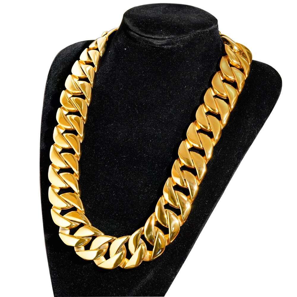 MINDGEM 32MM Width 316L Stainless Steel Bold Exaggerated Gold Color Necklace Non Fading Mens Thick Cuban Hip Hop Necklace