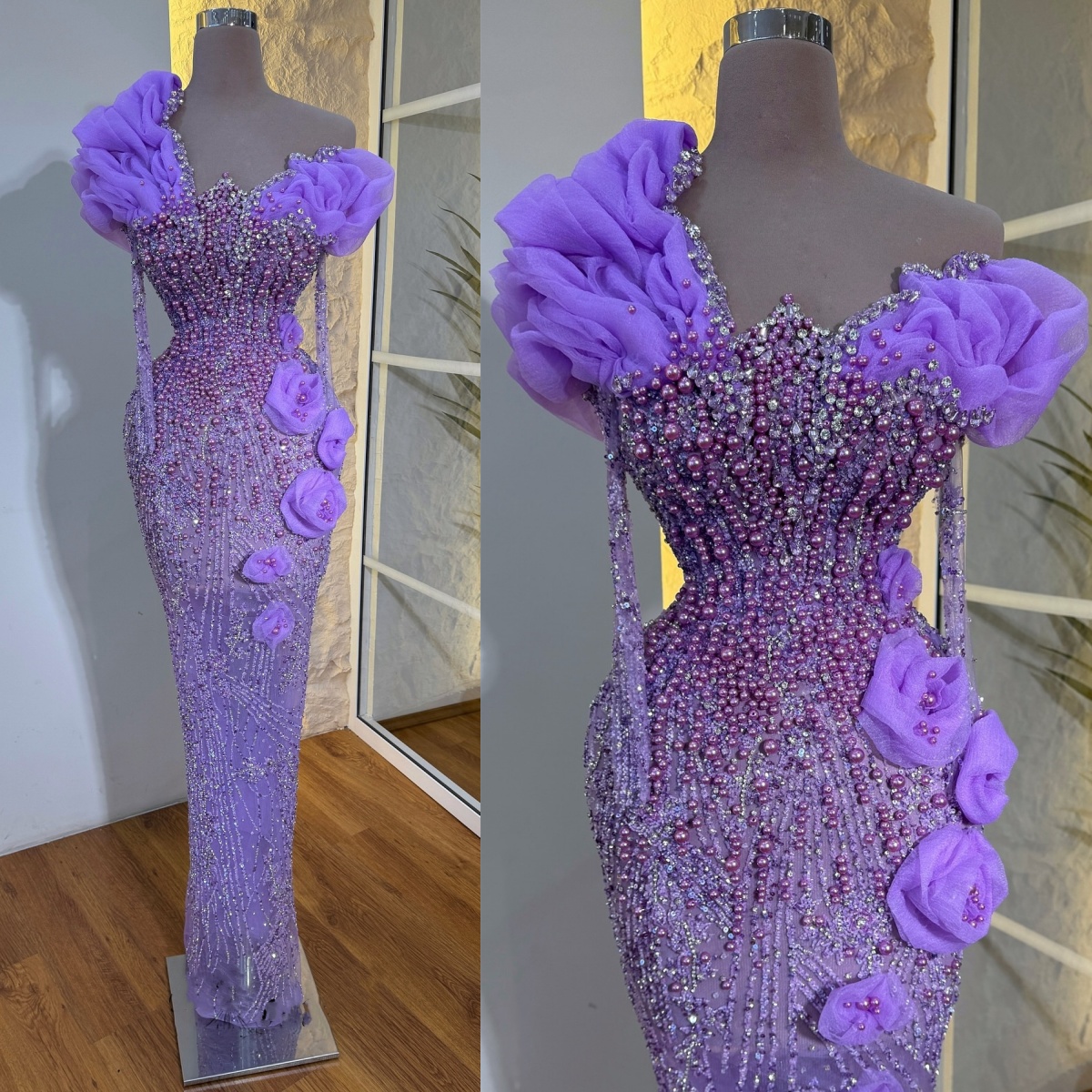 Lilac Pearls Mermaid Party Evening Dress 3D Flower Appliques Woman Prom Dresses Gowns cerimonia Robe de soiree Customized