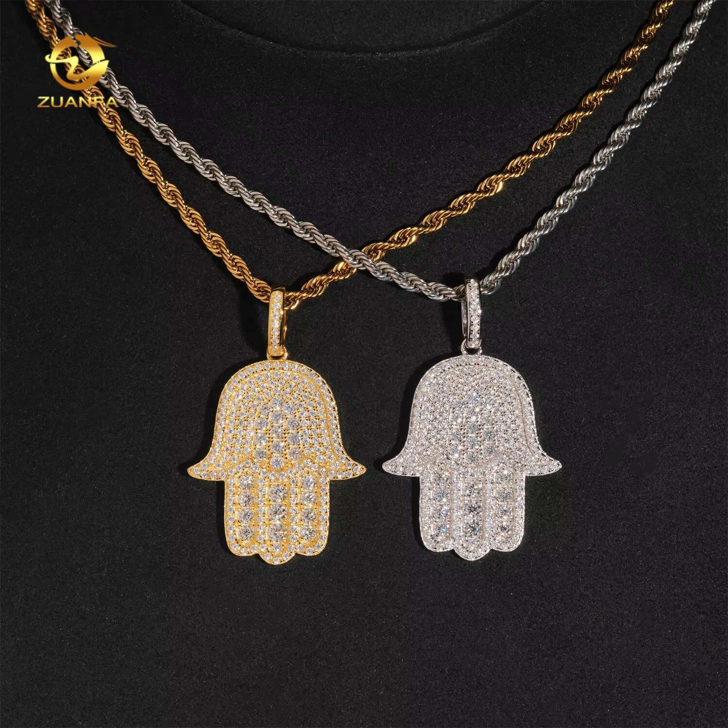 Hip Hop Fashion Rapper Charm 925 Sterling Silver Iced Out Diamond Moissanite Hamsa Hand Pendant