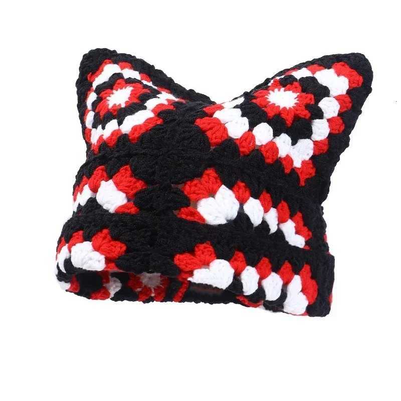 Japanese Autumn and Winter Cute Cat Ears Pullover Hat Hand-crocheted Grandmother Grid Hollow Trend Skull Beanie Cap for WomensXJ251110