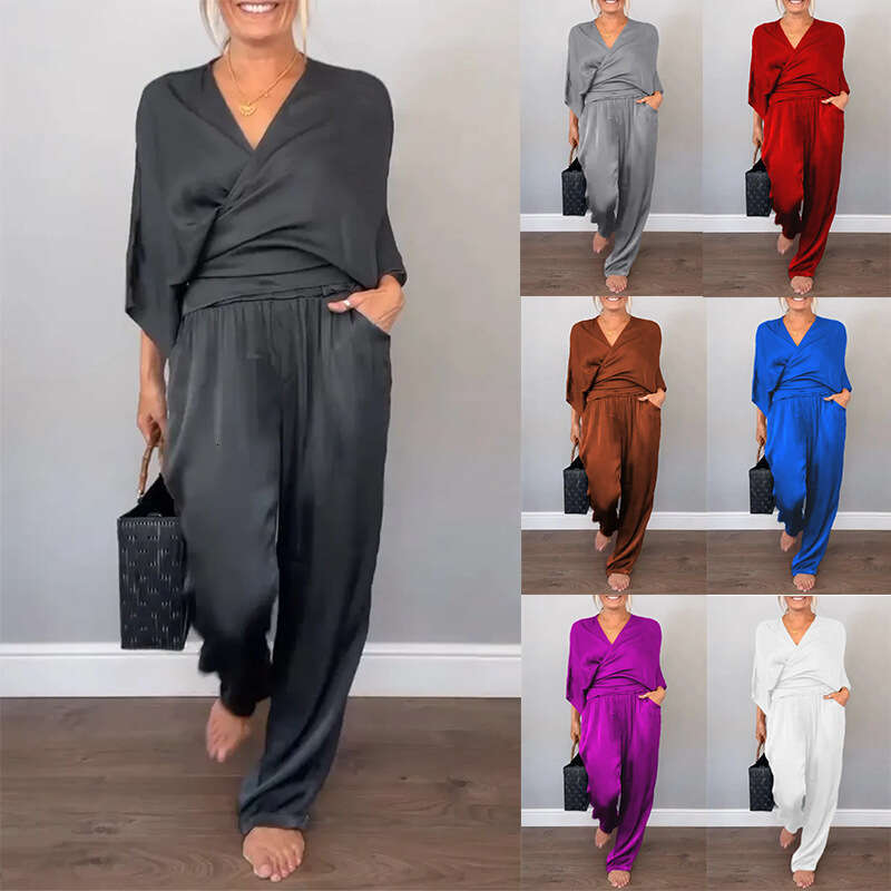 2025 Summer New European American Cross-Border Women's Clothing Independent Station Foreign Trade Solid Color Satin Short Sleeve Top and Pants Se