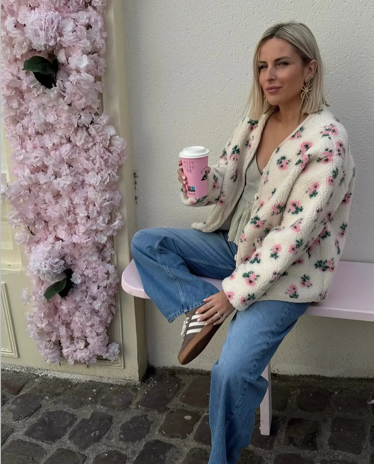 Flower Printed Cropped Fleece Jacket Women Fashion Round Neck Single Breasted Pocket Loose Jackets Lady Daily Autumn Office Coat 251110