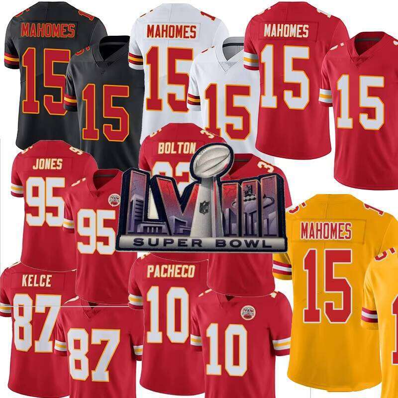 2024 Super Bowls LVIII Men Youth Women 15 Patrick Mahomes 87 Travis Kelce 32 Nick Bolton 10 Isiah Pacheco Jones Football Jersey