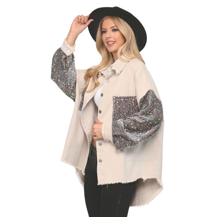 Women's Sequin Patchwork Denim Jacket, Raw Edge Fringe Loose Fit Cotton Coat---D400