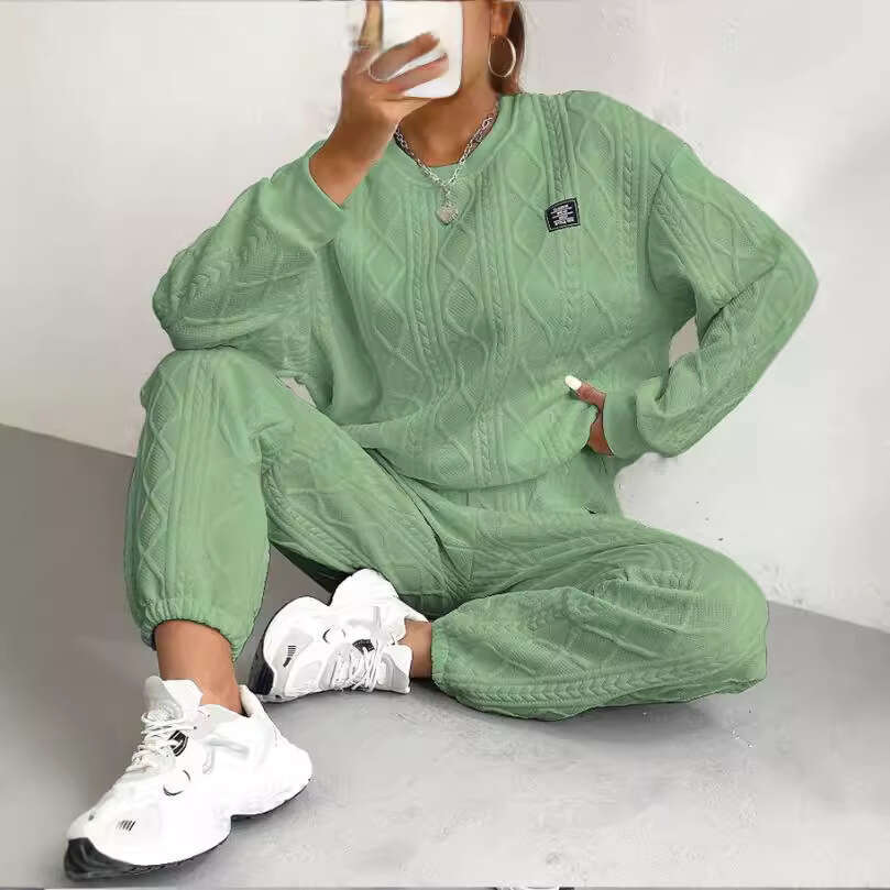 2024 autumn winter new European American women's jacquard long sleeved casual round neck hoodie and pants set