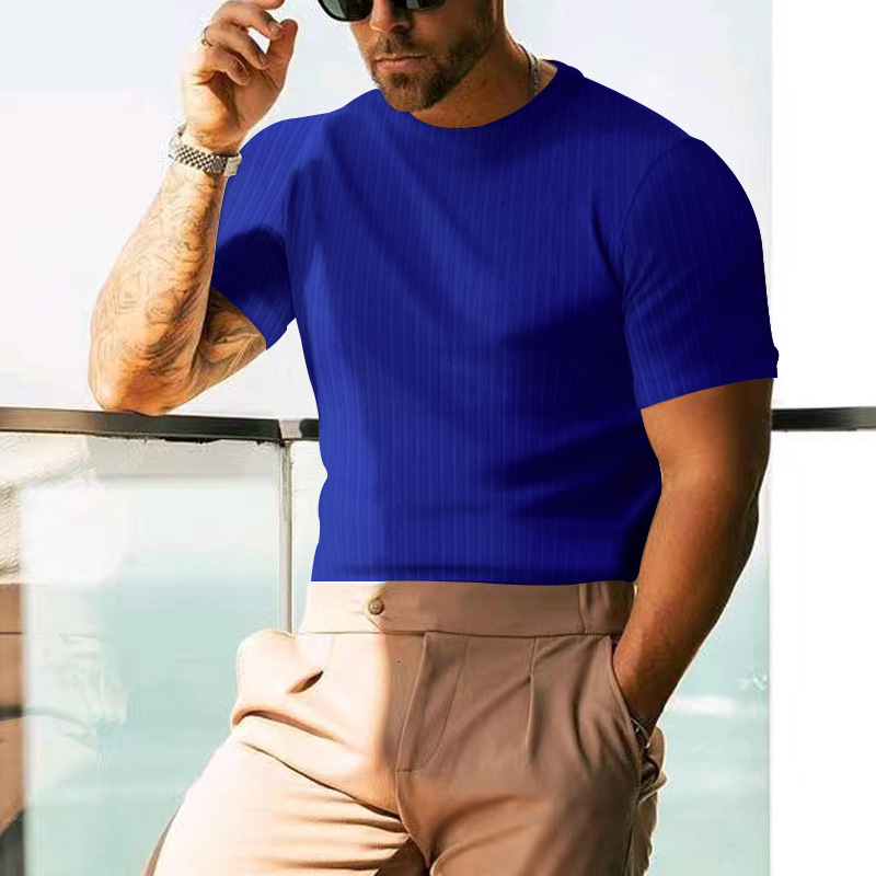 Tem 2025 Summer Mens Short Sleeve T-shirt Solid Color Casual Stripe Round Neck Slimming Henley Shirt