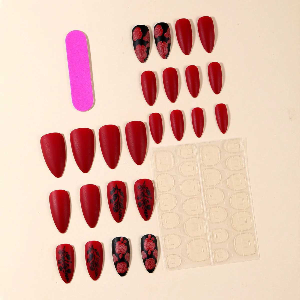 24pcs autumn and winter matte almond fake nails with adhesive rose leaf printing nail art simple full cover press on acrylic nail tips W250410