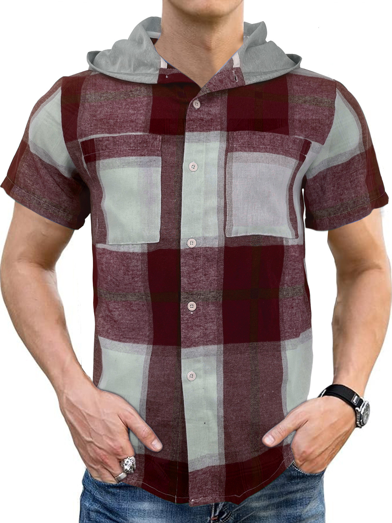 Tems new 2025 summer mens short sleeved shirt mens casual hooded checkered short sleeved shirt