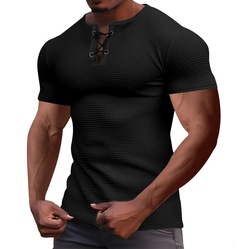 2024 summer sports slim fit mens short sleeved T-shirt breathable mens tied rope Henry shirt top