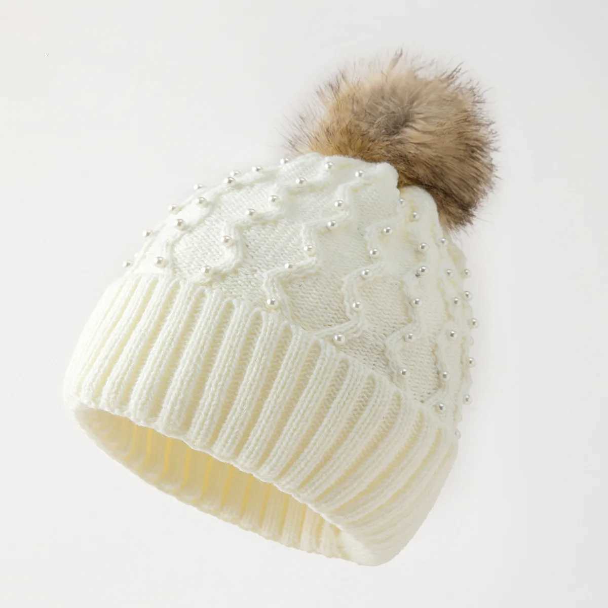 Womens Winter Beanie with Pearls and Pom Pom Elegant Embellished Design Soft Warm Knit Skull Cap for Cold WeatherXJ251110