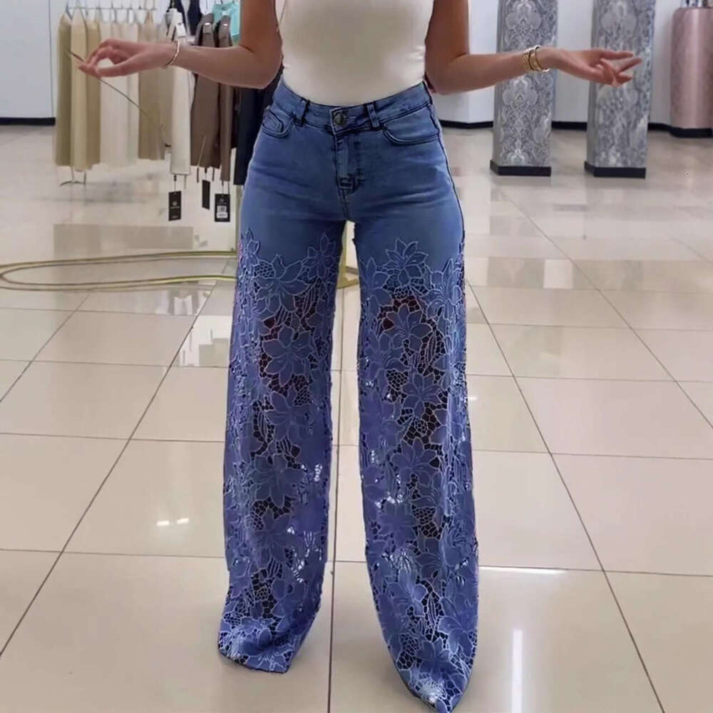 2025 High-Waisted Wide-Leg for Women, Spring/Summer Fashionable Elegant Versatile Lace Patchwork Denim Draped Pants