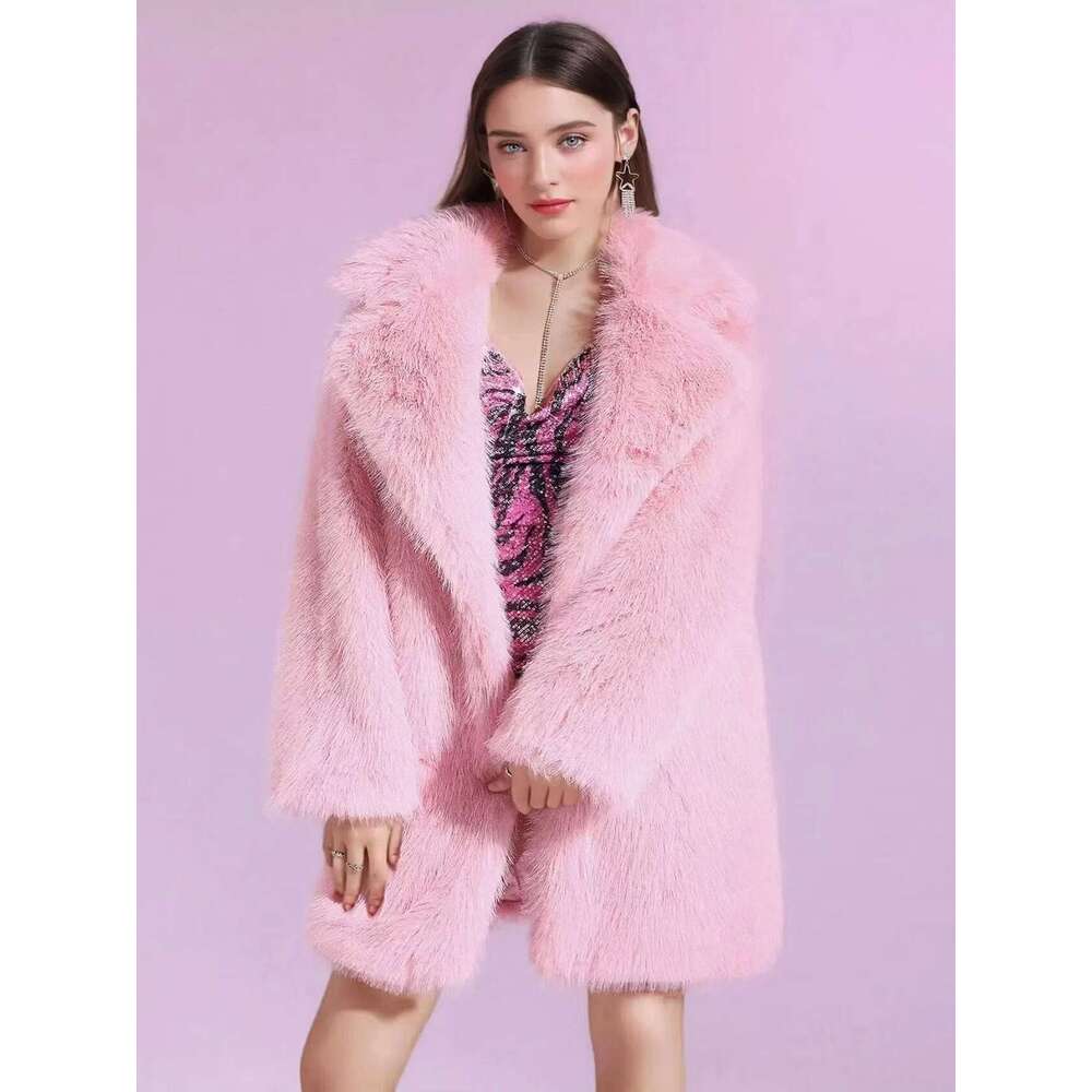 Solid New Sleeve Faux Collar Long Suit Color Warm Plus Size Women's Fur Coat MidLength