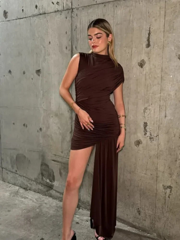 Women Fashion Irregular Pleated Tassels Mini Dress Elegant Turtleneck Sleeveless High Waist Vestidos 2025 Party Club Dresses 250409