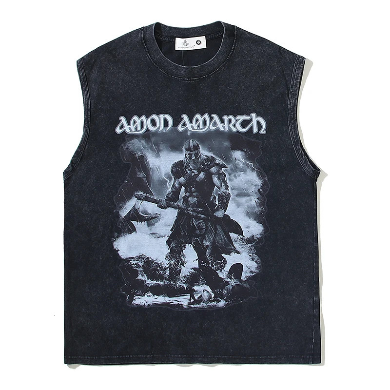 100% pure cotton Amun Amas band vintage distressed long sleeved sleeveless T-shirt cut sleeves mens vest 250408