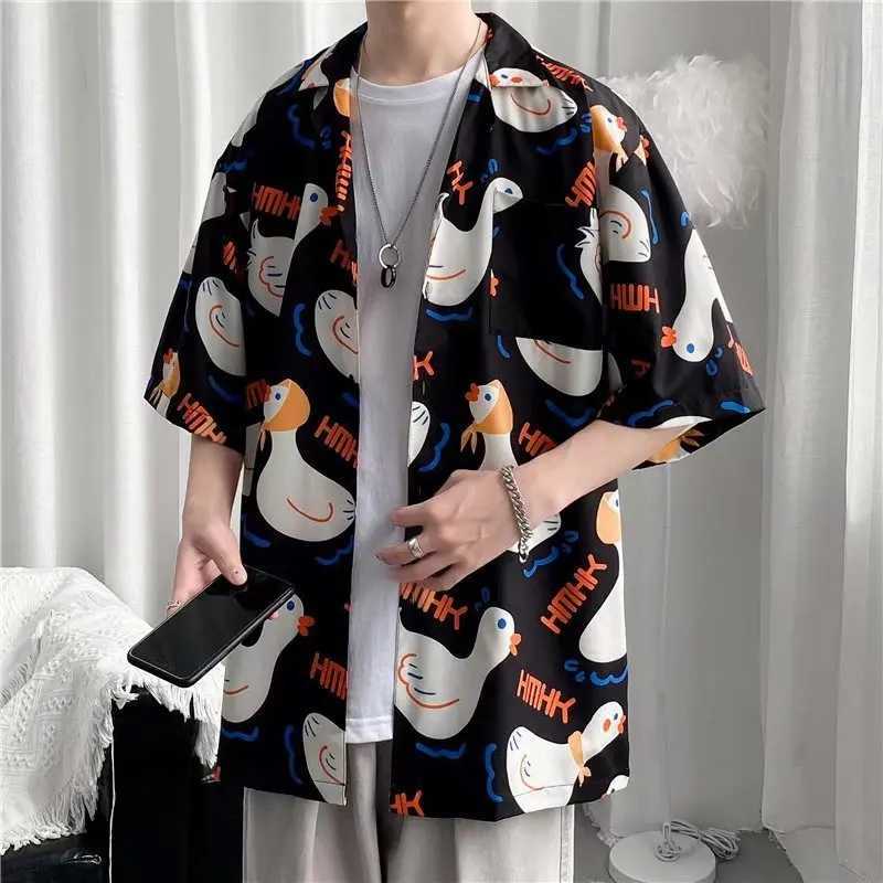 Summer Hawaiian mens hip-hop mens Japanese geisha funny print white pink shirt mens casual holiday top X250410