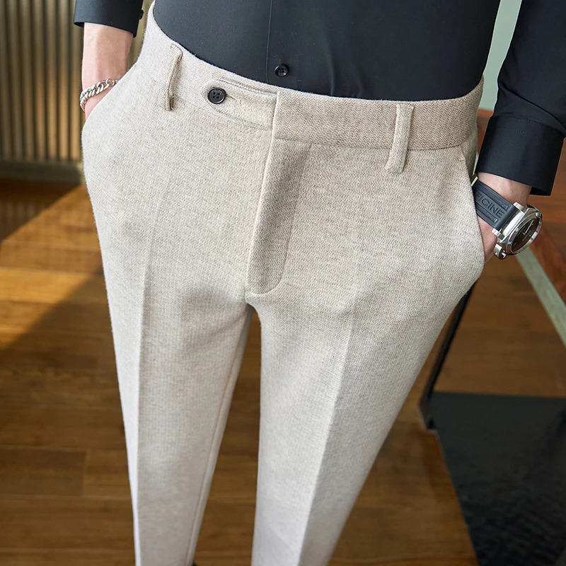 Mens fallwinter wool plush tweed casual suit pants color beige grey size 2938 251110