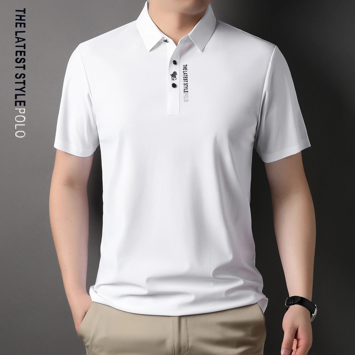 Ice Silk Embroidery Polo Shirt Summer Lapel Elasticity T-shirt Korean Fashion Short Sleeve Business Casual Men Clothing 250407