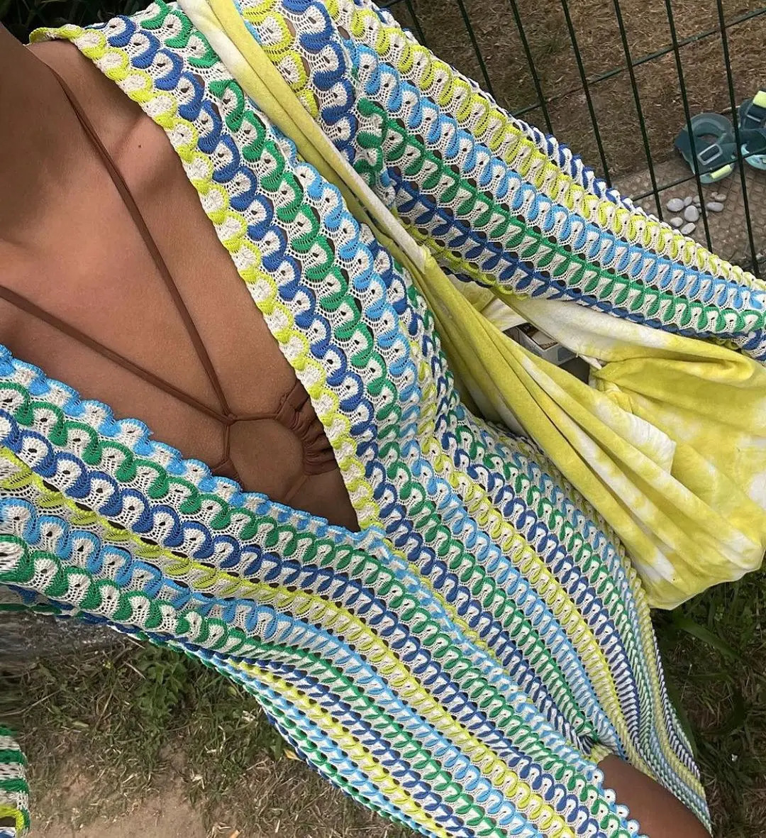 Crochet colorful striped Maxi dress womens flame sleeve V-neck high score style sexy long dress autumn beach banquet vest 250409