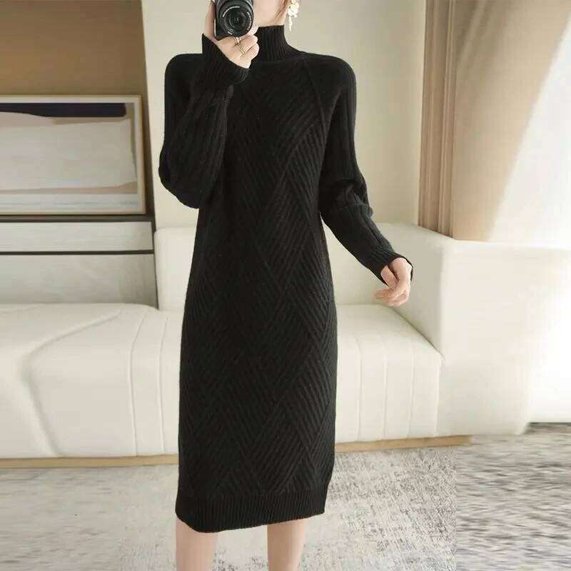 Long Sleeve Bottoming Knitted Autumn Winter Warm Korean Turtleneck Straight Sweater Dresses Women Casual Knee-Length