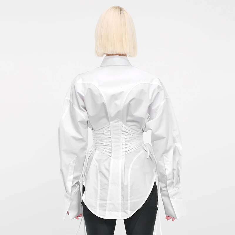 TWOTWINSTYLE Solid Spliced Lace Up T Shirts For Women Lapel Long Sleeve Patchwork Single Breasted Fashion Top Female Clothing