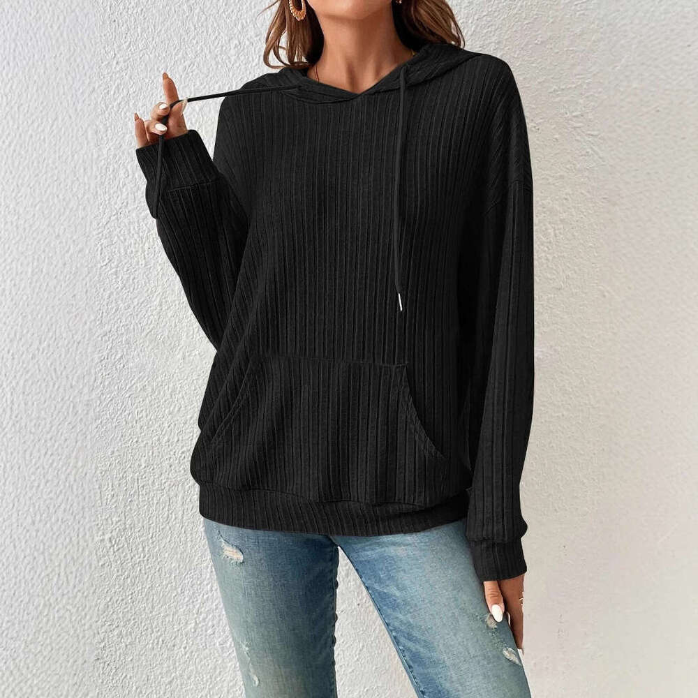 2025 Autumn Winter New Cross-Border European and American Women's Clothing Amazon Knitted Sweater TEMU Hooded Ribbed Kangaroo Pocket Sweatshirt