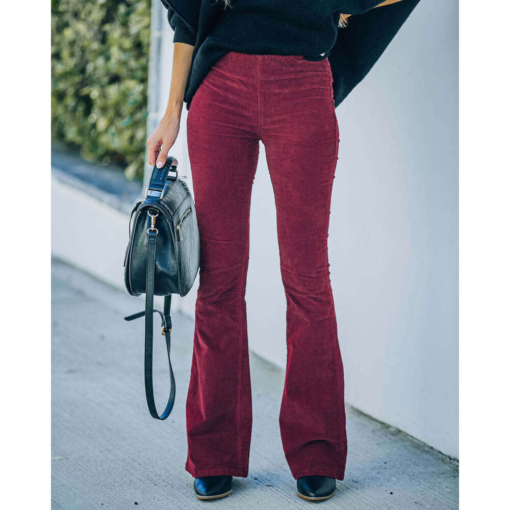 2025 Spring Summer Women's Solid Color High Slim Fit Flared Corduroy Elastic Waist Casual Pants