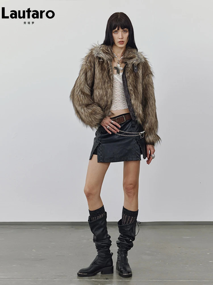 Lautaro Autumn Winter Short Warm Thick Hairy Shaggy Patchwork Faux Raccoon Dog Fur Coat Women Zipper y Fluffy Jacket 251110