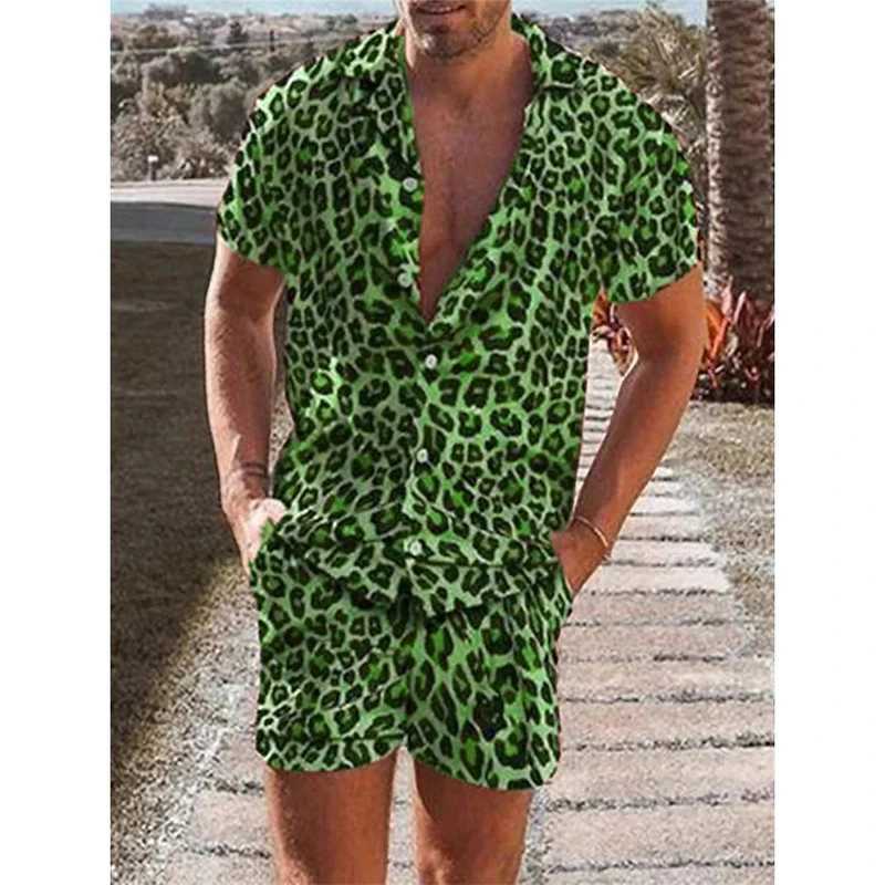 Leopard printed mens short sleeved mens T-shirt top summer casual full set Hawaiian beach shirt mens plus size T-shirt X250410