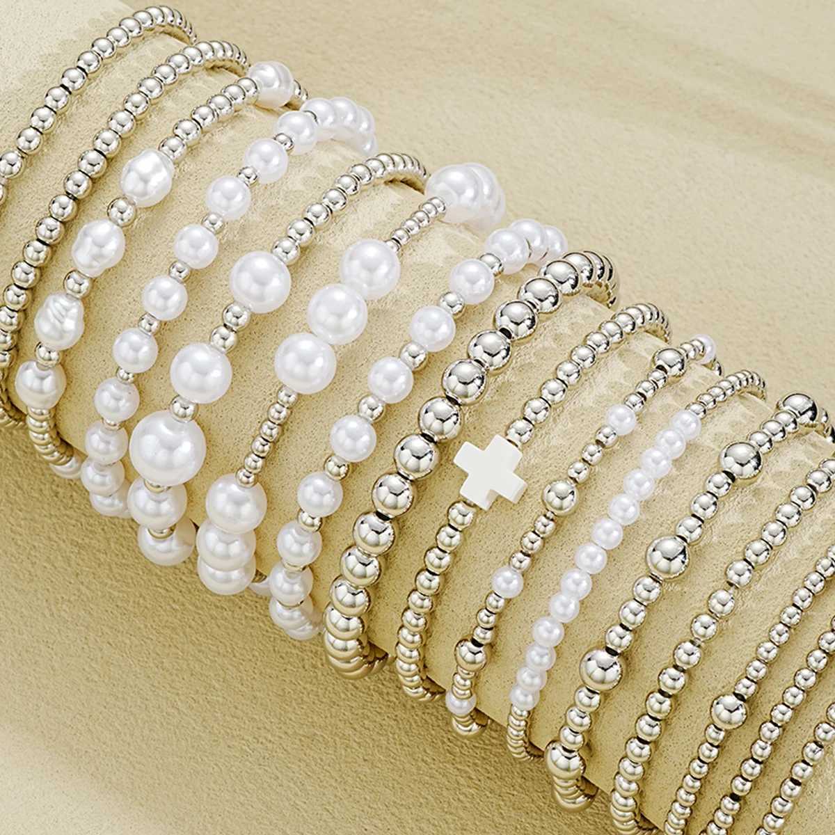 16Pcs/Set Vintage Silver Color Beaded Bracelet Sets For Women Elegant Imitation Pearl CCB Cross Bracelets Female HipHop JewelryT251110