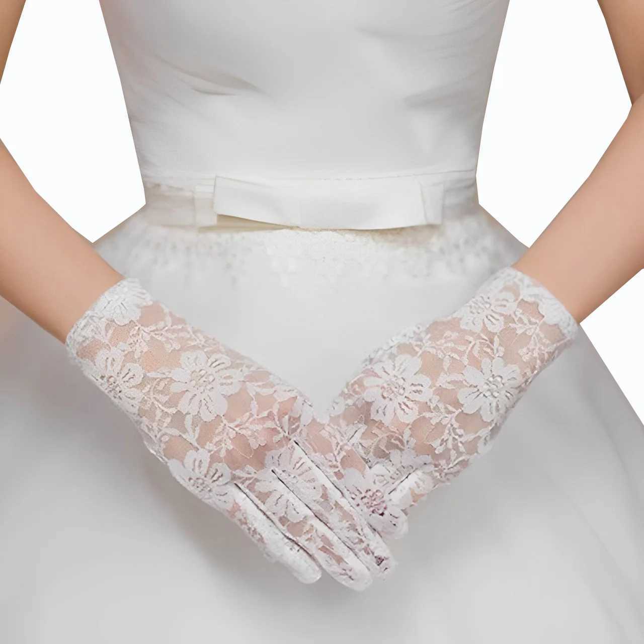 Women Floral Lace White Short Gloves Full Finger Wrist Length Solid Bridal Wedding Vintage Crocheted Sunscreen Mittens L2511101