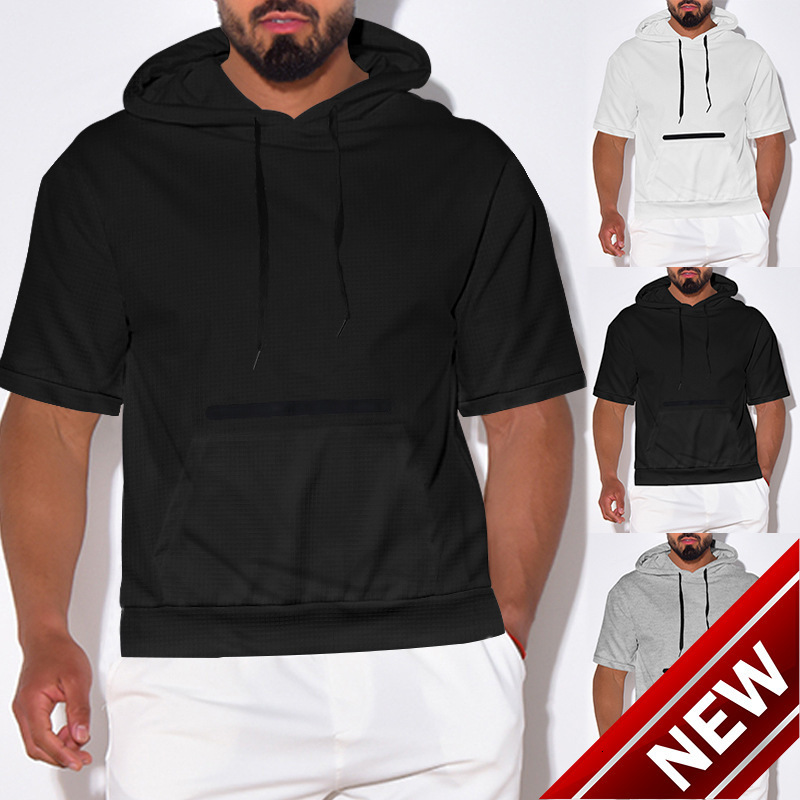 2024 Summer New Mens Casual Hooded Short sleeved T-shirt Solid Color Mens Top T-shirt