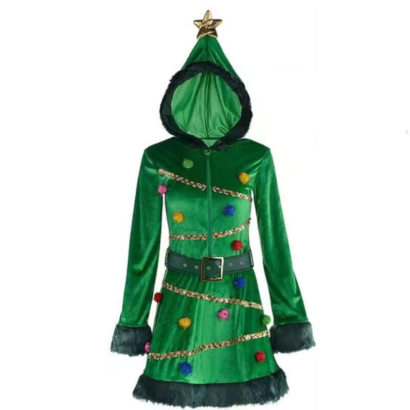Christmas Performance Costume New Hooded Dress Dark Green luxury winter quality