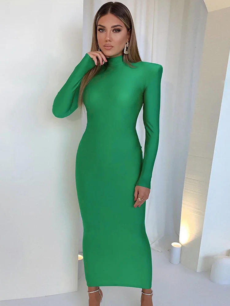 Shoulder Padded Long Sleeve Bodycon Green Party Club Maxi Dress Spring Autumn Women Fashion Elegant Clothes 251110