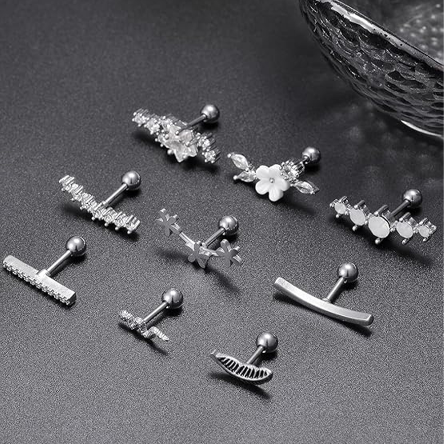 9 Pcs Cartilage CZ Stud Earrings Conch Forward Helix Tragus Daith Piercing Lip Rings Snake Heart Butterfly Jewelry for Women Men 16G Silver Tone