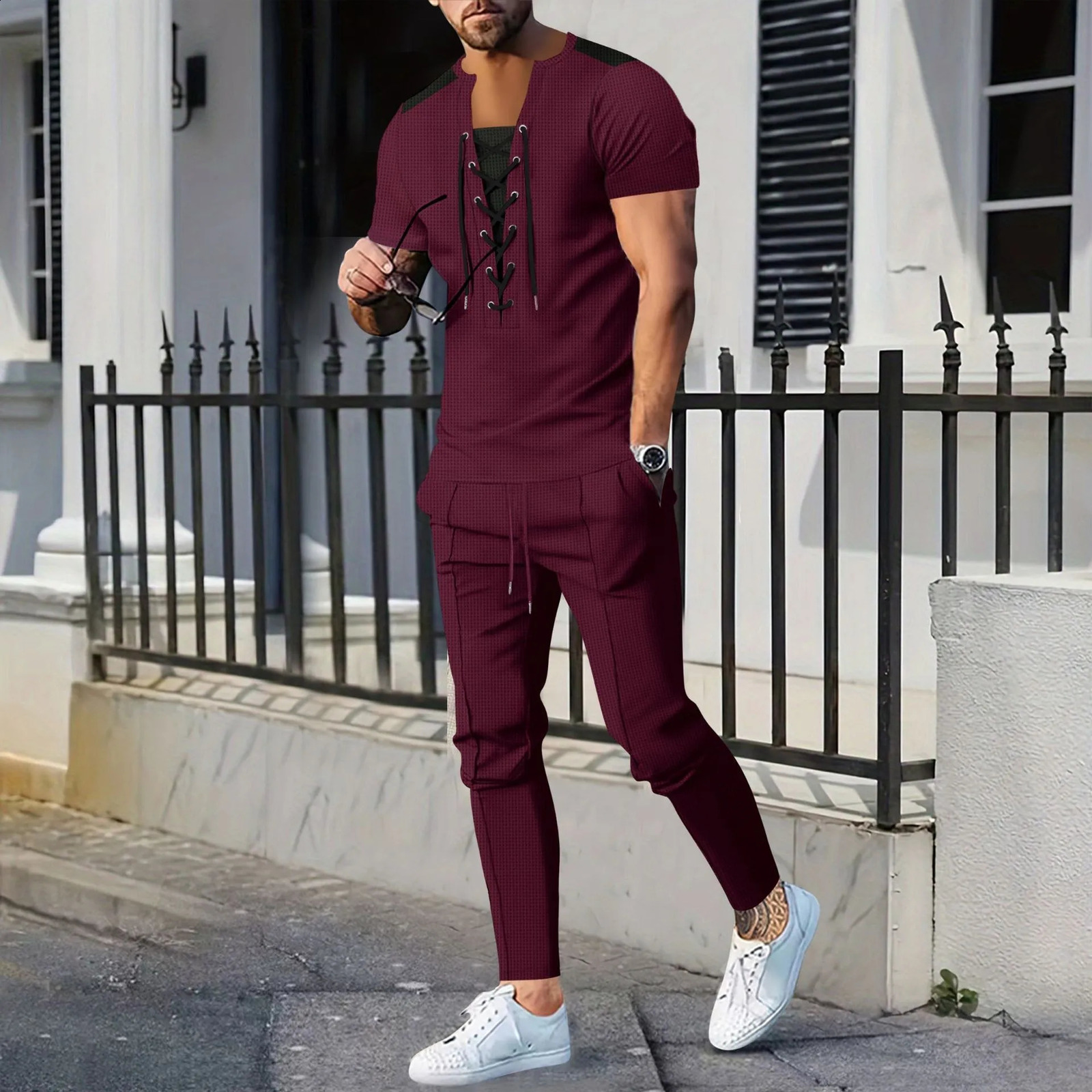 The 2025 Mens casual solid color Waffle rope short-sleeved summer casual pants suit 250407