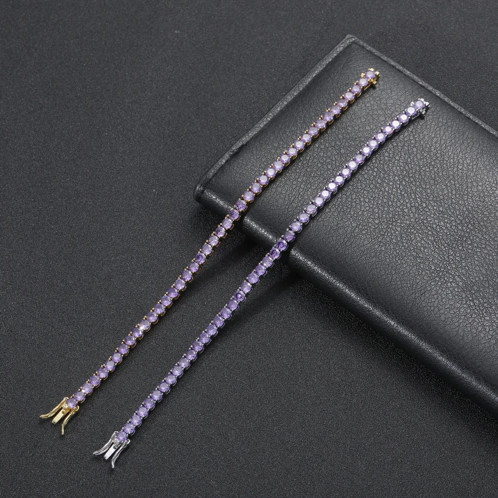 Purple Zircon Fashion 4mm 7inch 8inch Brass tennis Bracelet Hip Hop Iced Out female Jewelry CZ Bracelet BB204 250408