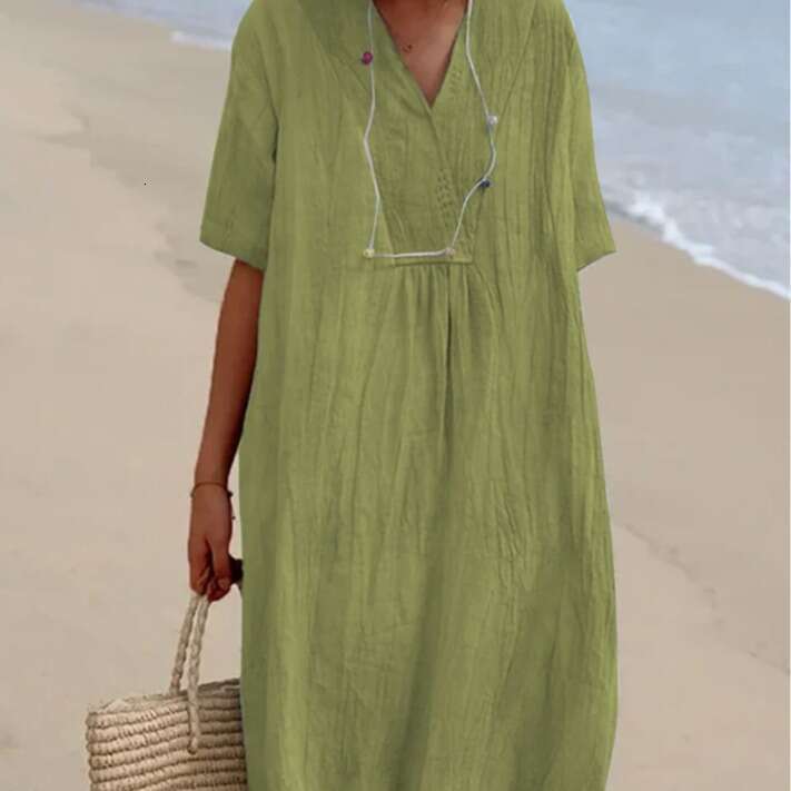 In Stock 2025 Spring/Summer New Women's Versatile Hot-Selling Casual Slimming Dress Solid Color Cotton Linen