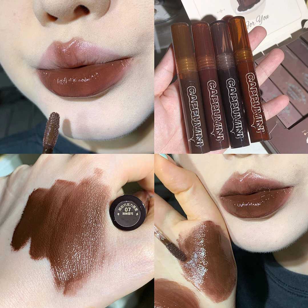 Punk Dark Brown Lip Gloss Mirror Water Lip Glaze Black Chocolate Lipstick Waterproof Liquid Lipstick Nude Clear Tint MakeupT251110