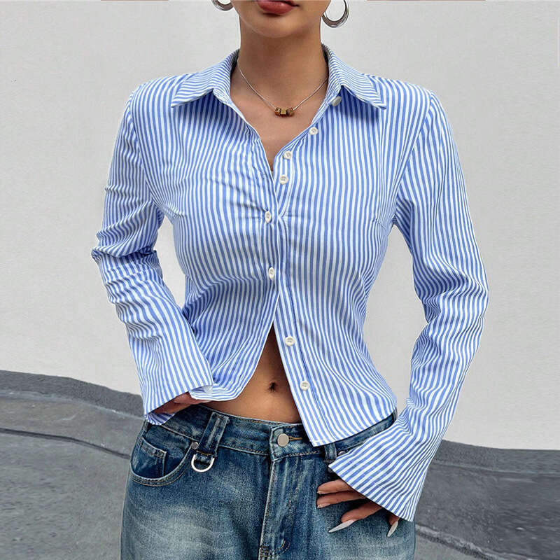 2025 Autumn Foreign Trade European and American Style Striped Women's Fashion Cross-Border Wish Independent Station Elegant Slim Fit Shirt Cardig