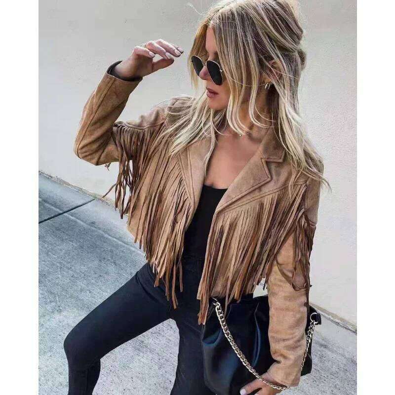 Fashion Winter Women Fringed Hem Tassel Cardigan Crop Topsr Suede Leather Jacket Vintage Streetwear Cool Coat