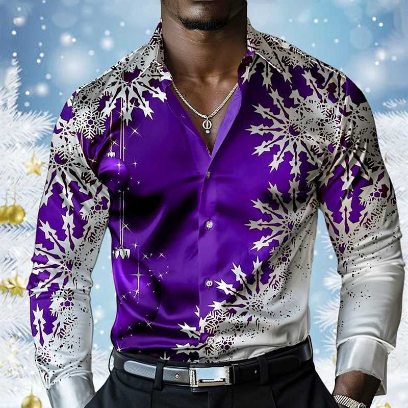 Colorful Snowflake Pattern Hawaiian Shirts For Men Merry Christmas 3D Printed Blouse Casual Loose ha Shirts Long Sves Tops Q251110