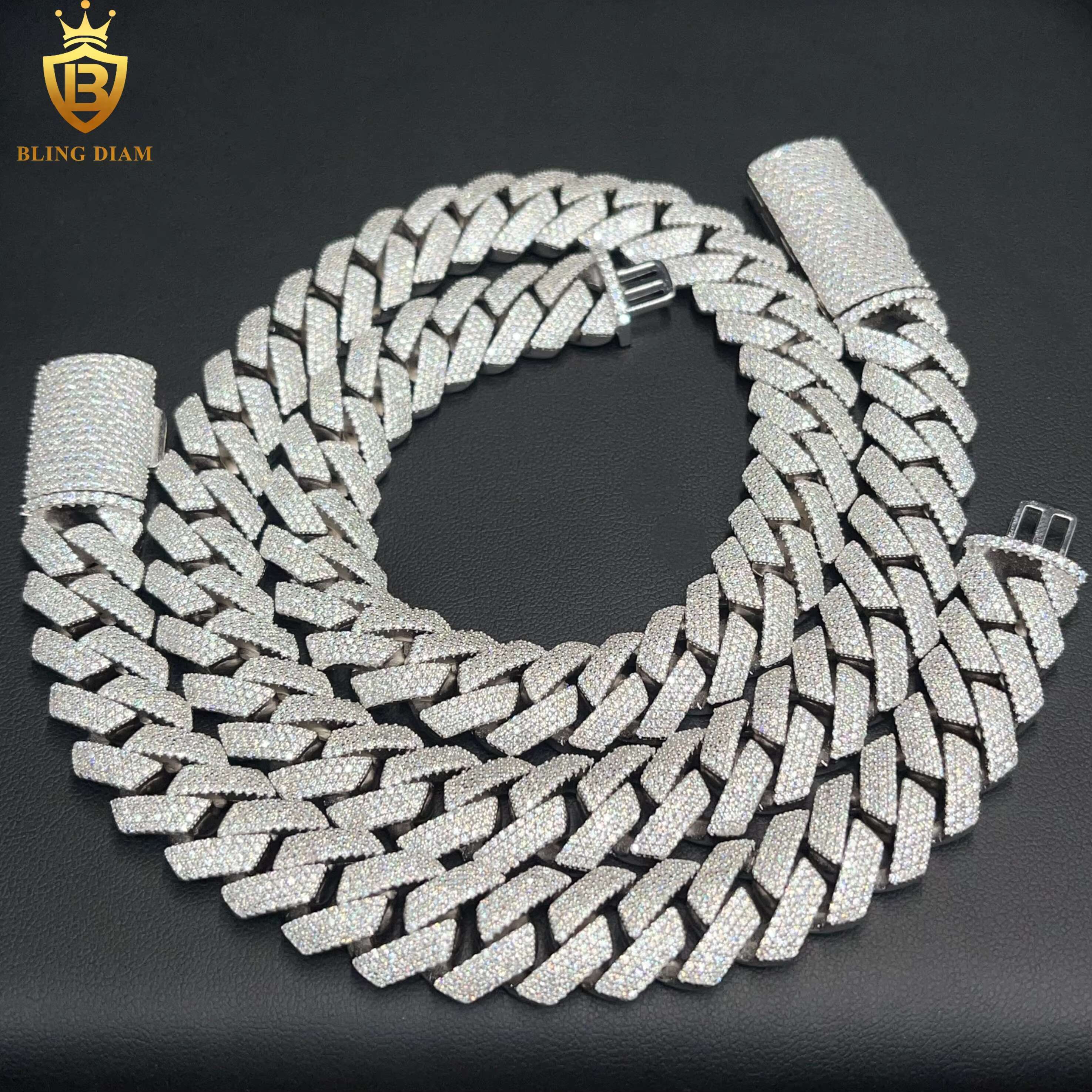 15mm Hip Hop Jewelry 4 Row Iced Out Promotion Miami Cuban Link Chain Moissanite 925 Silver Bracelet Necklace for Men